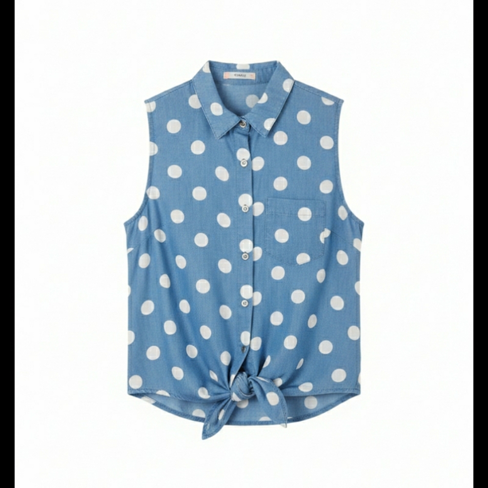 Timing Blue and White Polka Dot Sleeveless Blouse Tie Front Small Button Down